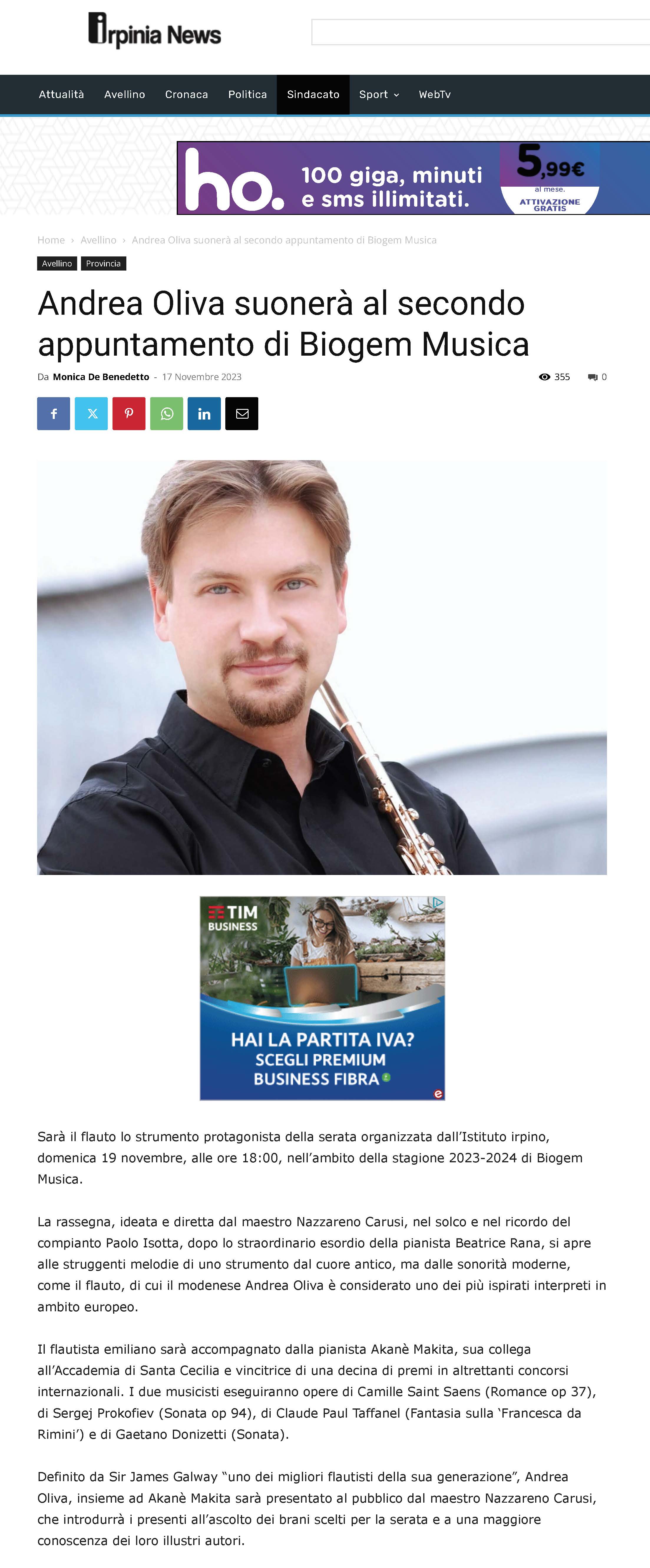 Andrea Oliva suonerà al secondo appuntamento di Biogem Musica